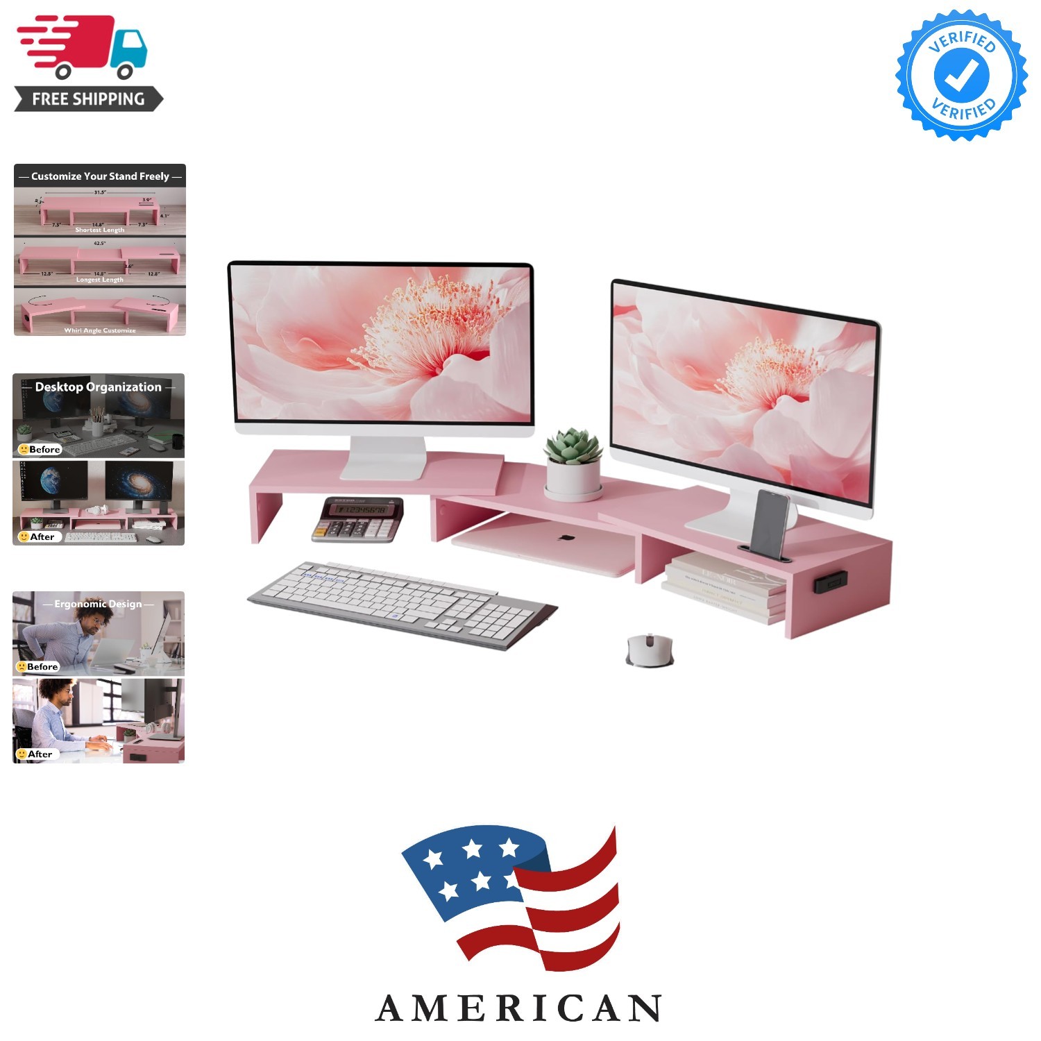 Dual Monitor Stand Riser with Smartphone Holder, Adjustable Length & Swivel A...