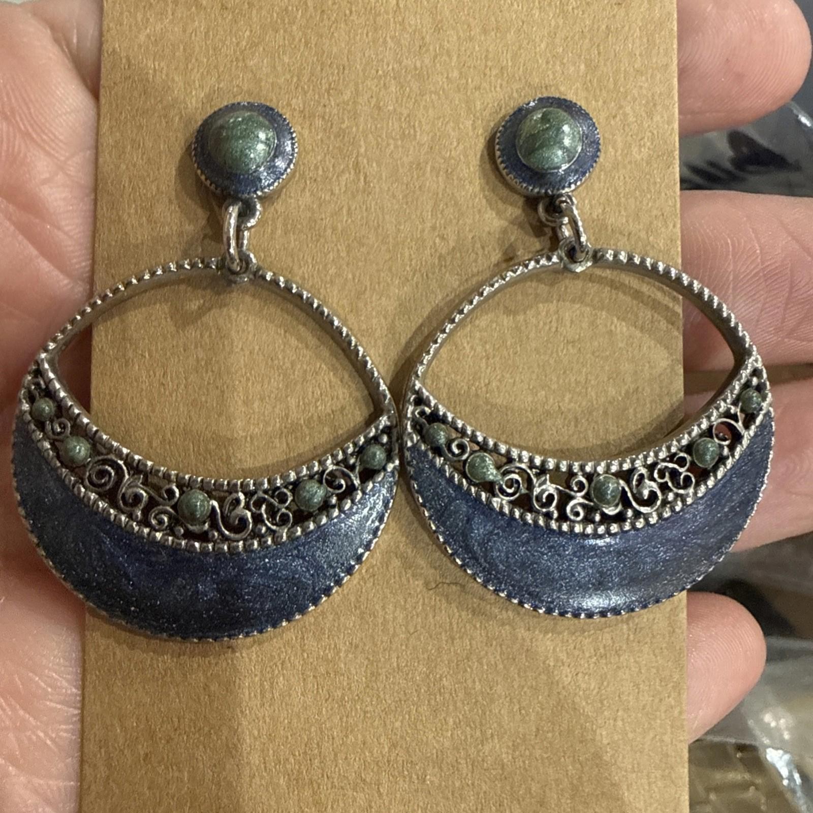 Vintage signed BEREBI Silver TONE blue Enamel Dangly Disc Earrings