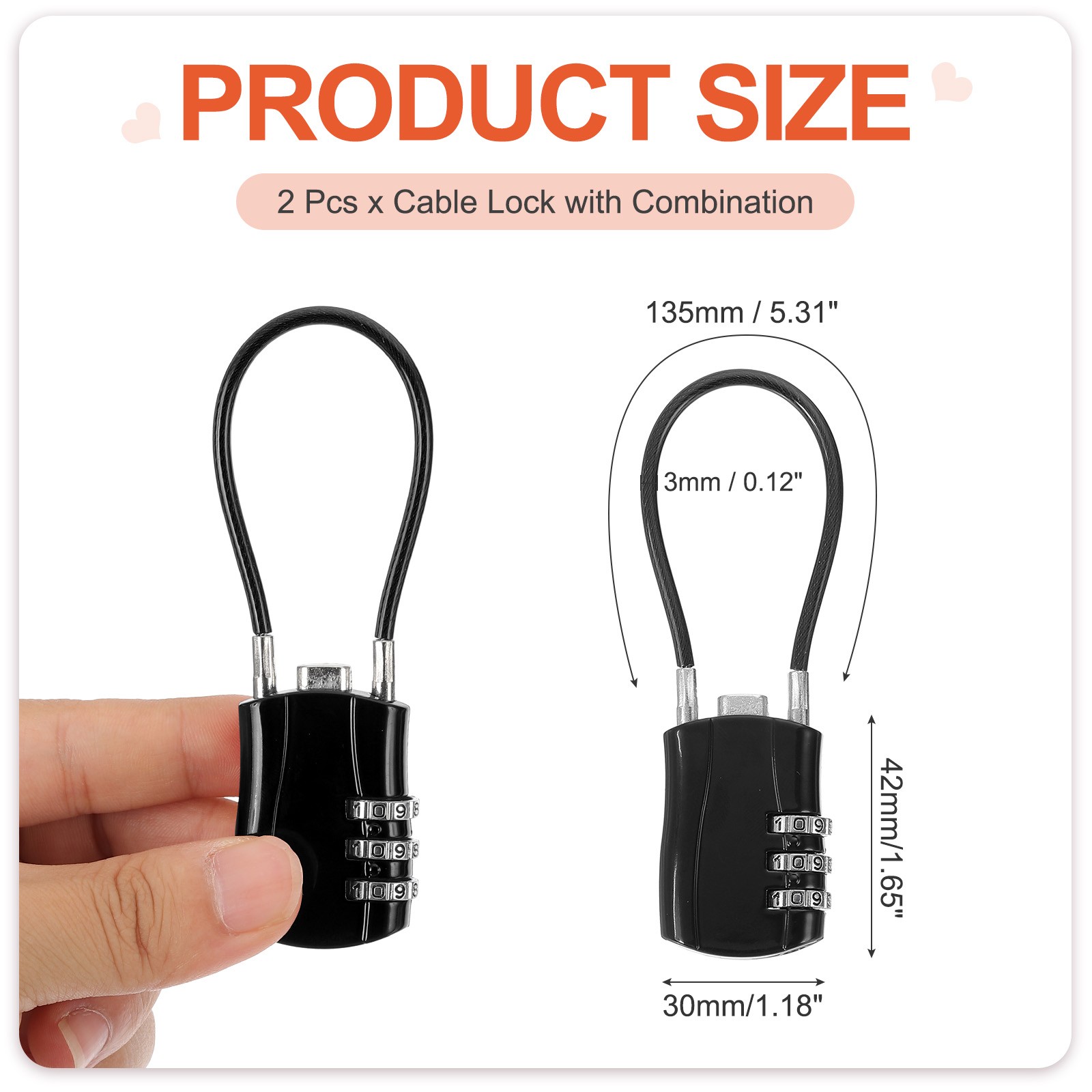 2 Pcs 3 Digit Luggage Cable Combination Lock with 5" Long Cable, Black