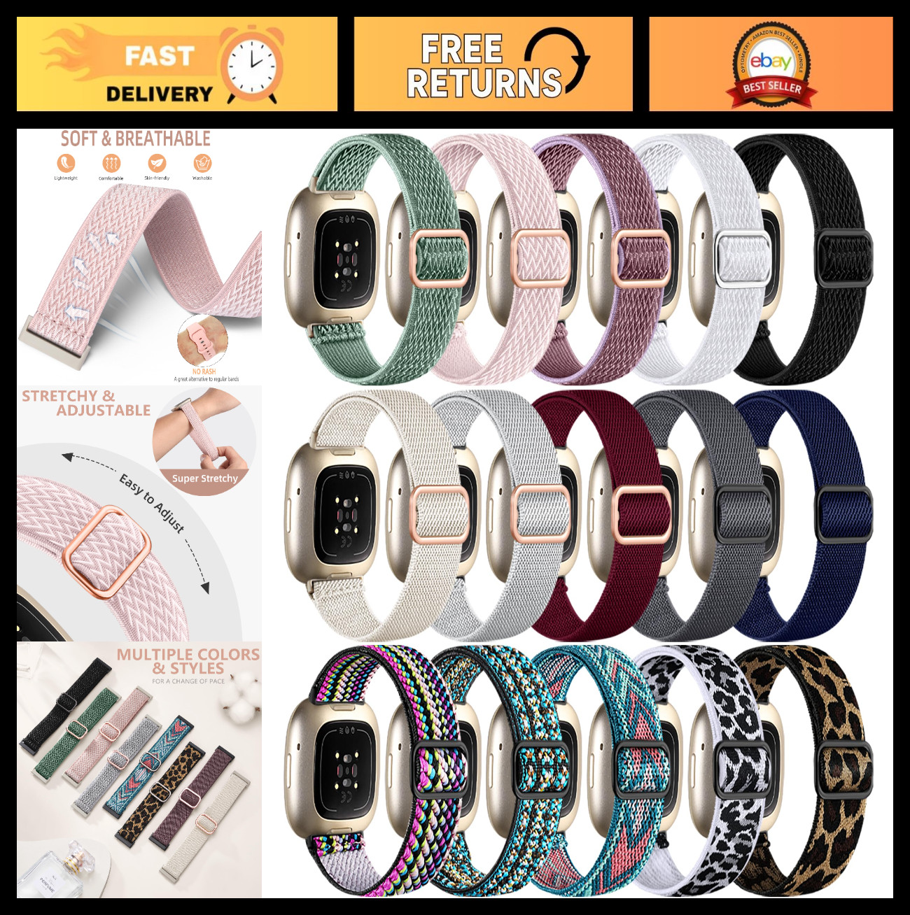 15 Pack Elastic Bands for Fitbit Sense & Versa, Comfortable Nylon Replacement St
