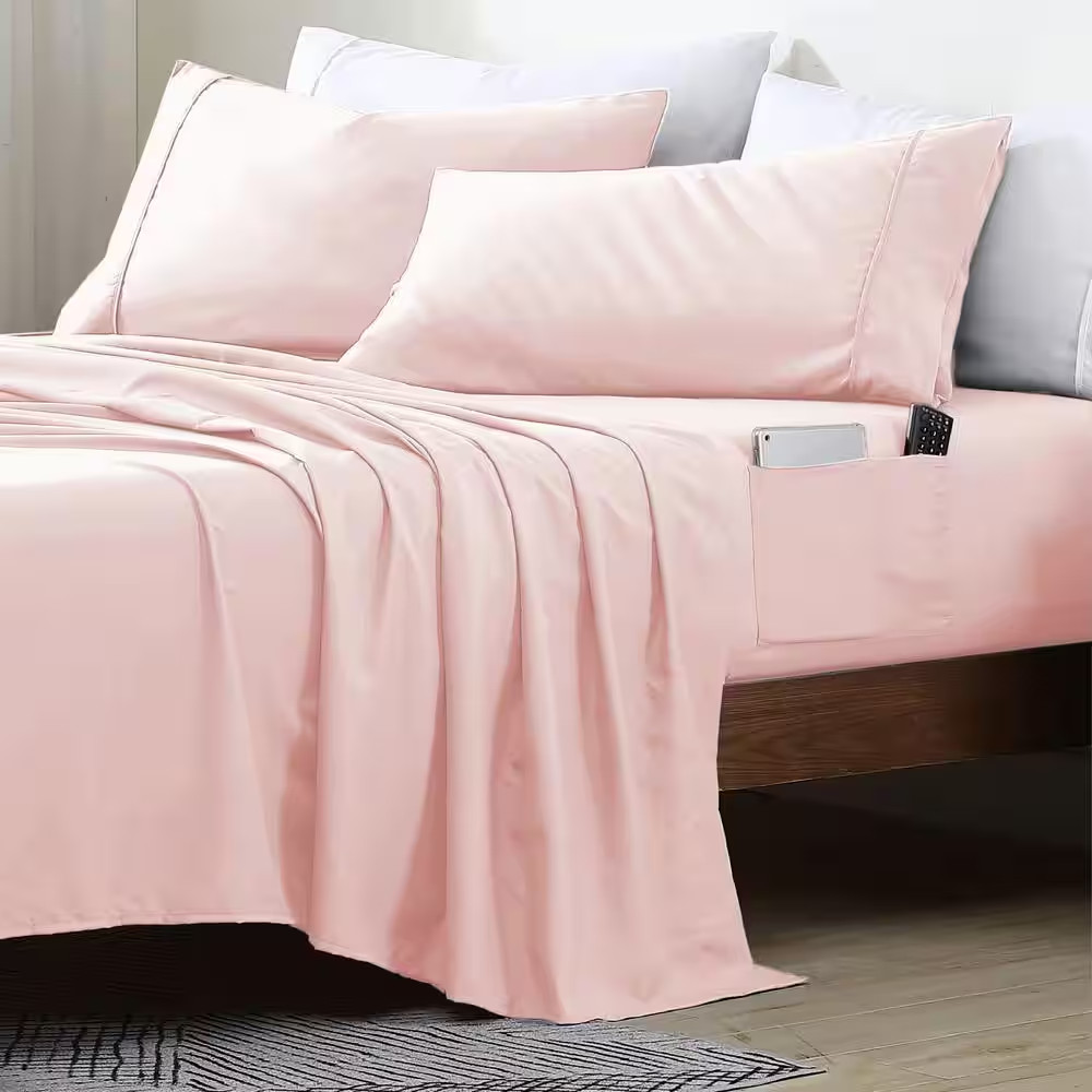 Twin Size Microfiber Sheet Set with 8 In. Double Storage Side Pockets, Blush Fre