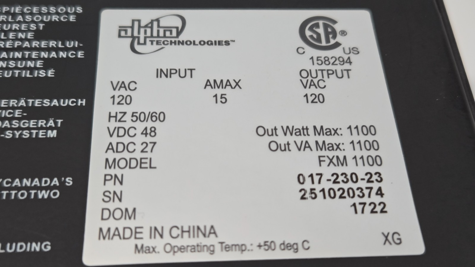 Alpha Technologies Alpha FXM-1100 Power Supply Module
