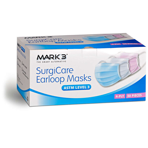 MARK3 SurgiCare Earloop Face Masks, ASTM Level 3, Blue, 50/Box.