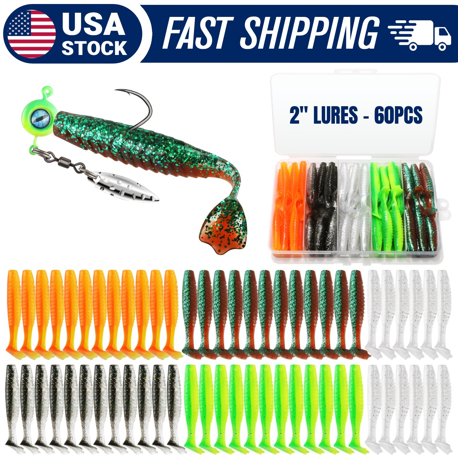 60pcs 2" Soft Plastic Baits Duck Feet Tail Swimbait Fishing Crappie Walleye Bass