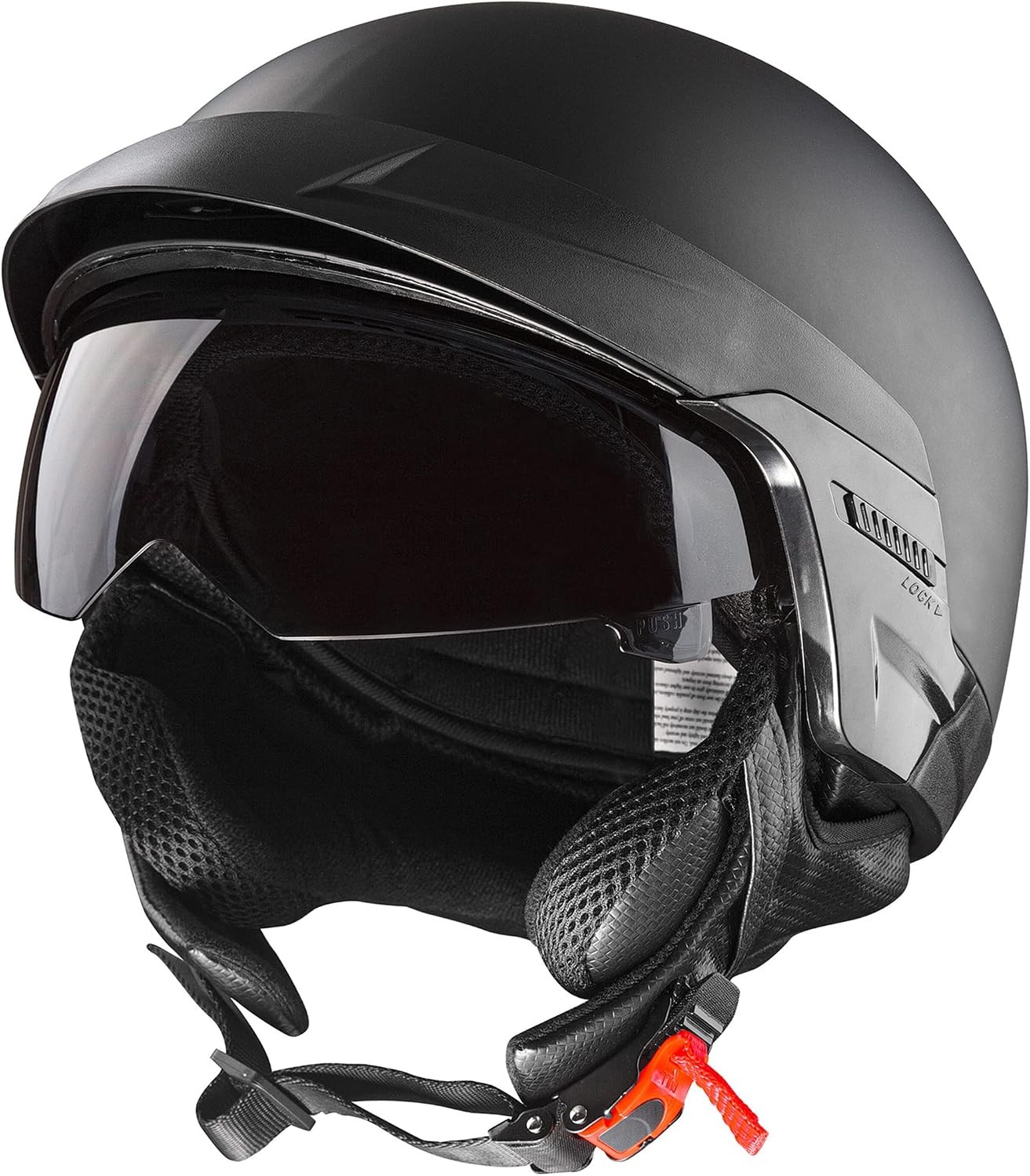 Open Helmet Large DOT Approved Visor Neck Gaiter Quick Buckle Matte black half