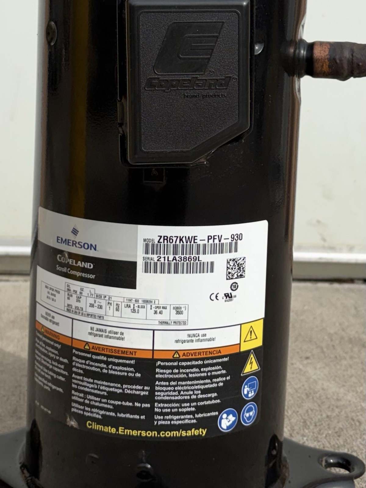 Emerson Copeland ZR67KWE-PFV-930 Scroll Compressor 5.6 Ton R-410A 208-230V 3 Ph…