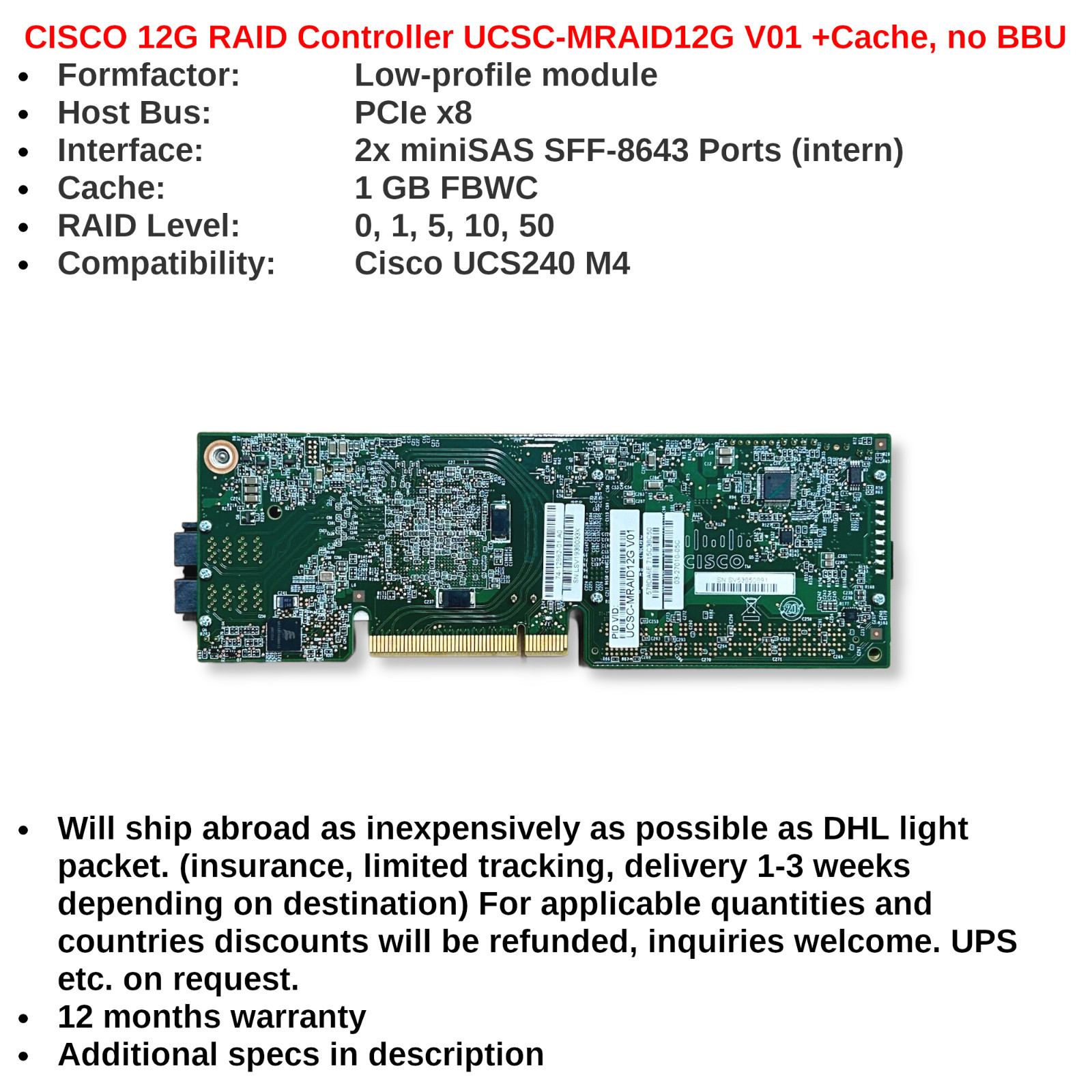 CISCO 12G SAS PCIe 74-12862-01 RAID Controller UCSC-MRAID12G V01 +Cache