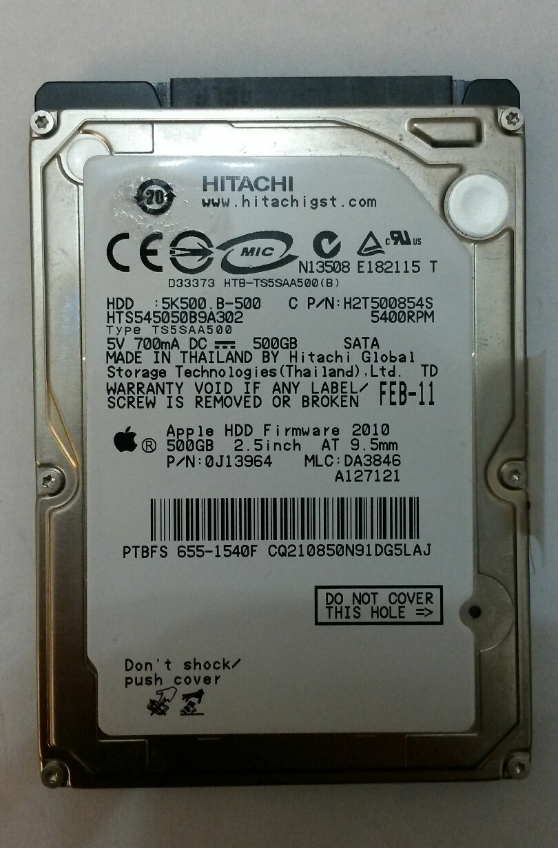 HITACHI HTS545050B9A302 500GB SATA Laptop Drive P/N:0J13964 MLC:DA3846 F/W:2010