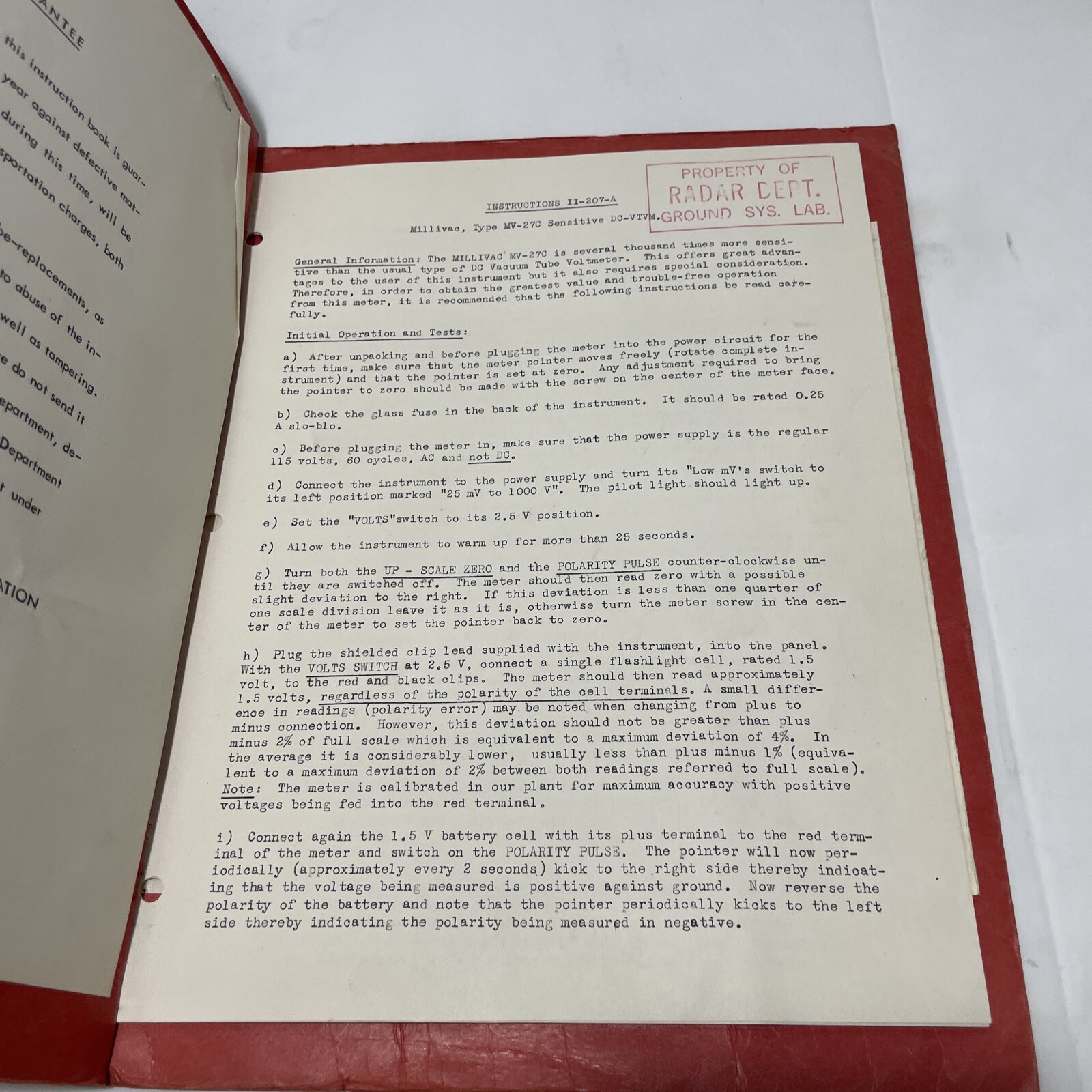 Millivac Type MV-27C Sensitive DC-VTVM Operating Instructions