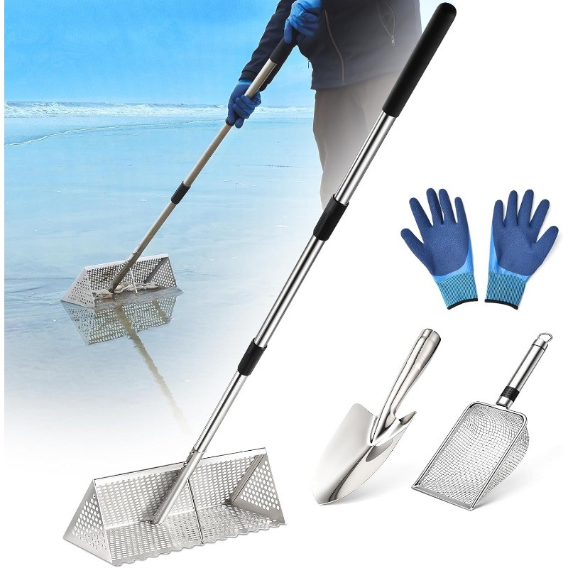 Sand Flea Rake, Long Handle Sand Sifter The Beach, Stainless Steel Shark Tooth