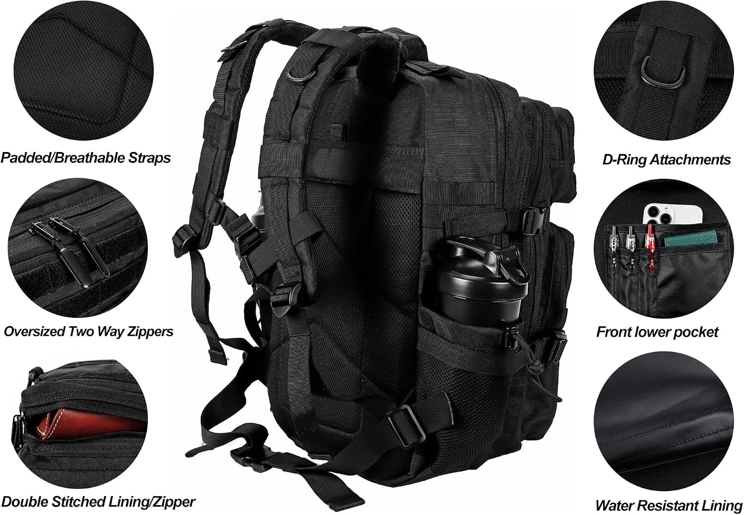 Military Tactical Backpack 45L Army 3 Days Assault Pack Bag Black