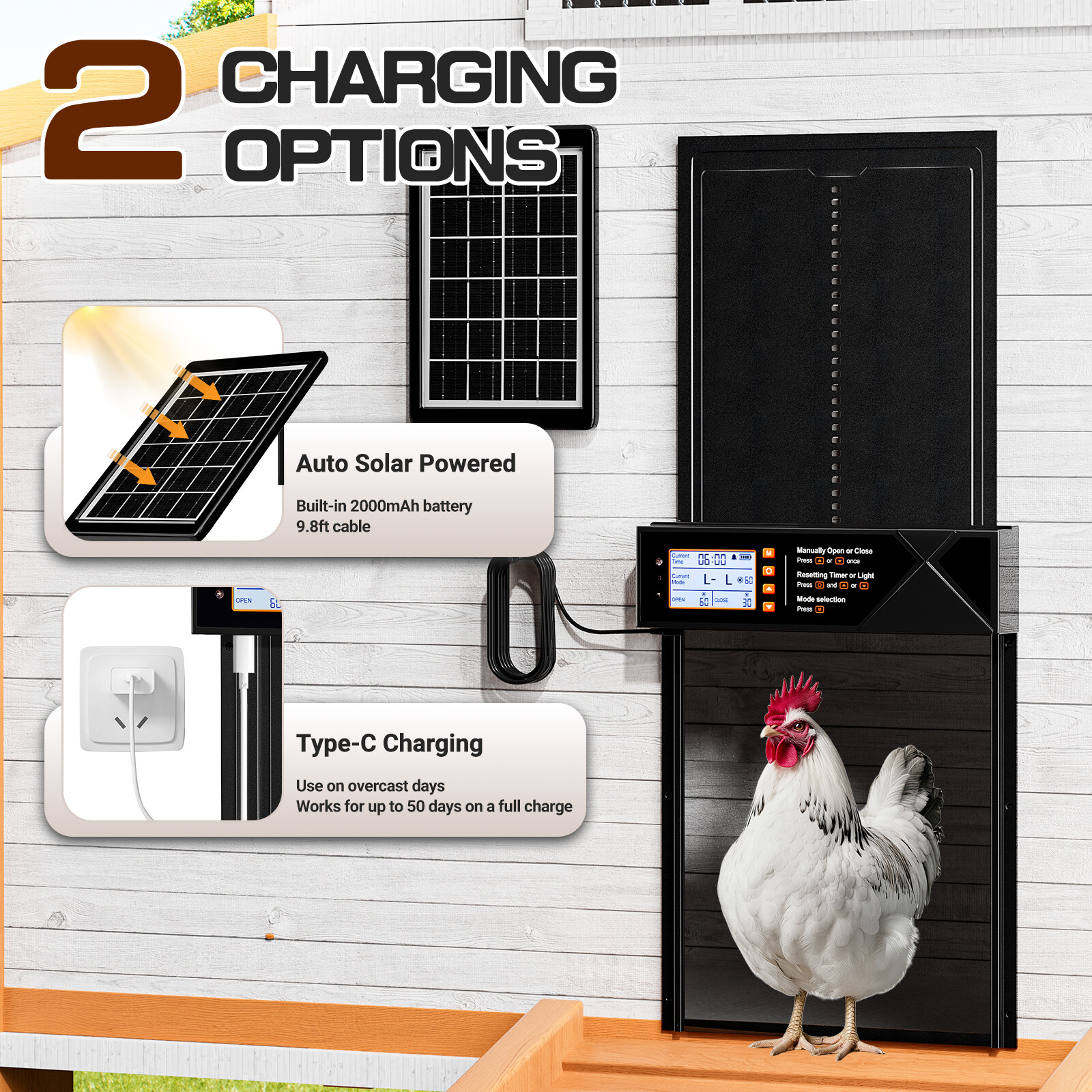 Automatic Chicken Coop Door Solar Powered Poultry Gate Opener Timer Light Sensor
