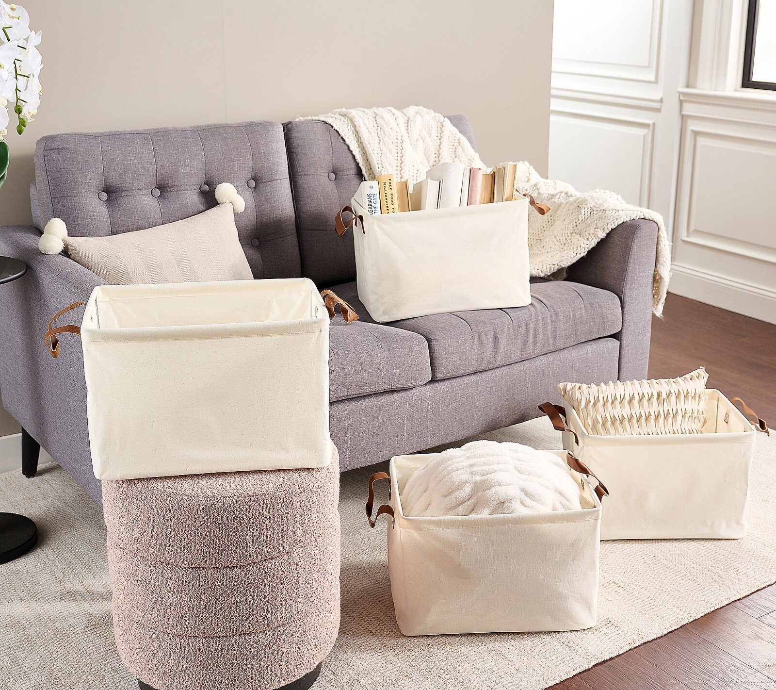 Cella Set of 4 Collapsible 15.75" Storage Baskets Cream Linen