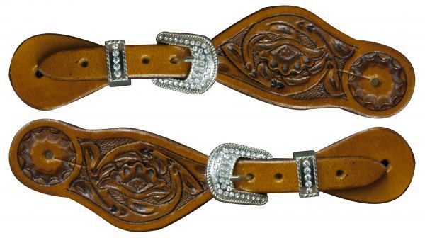 Western Horse Leather Youth / Ladies Spur Straps w/ Crystal Rhinestone Buckles