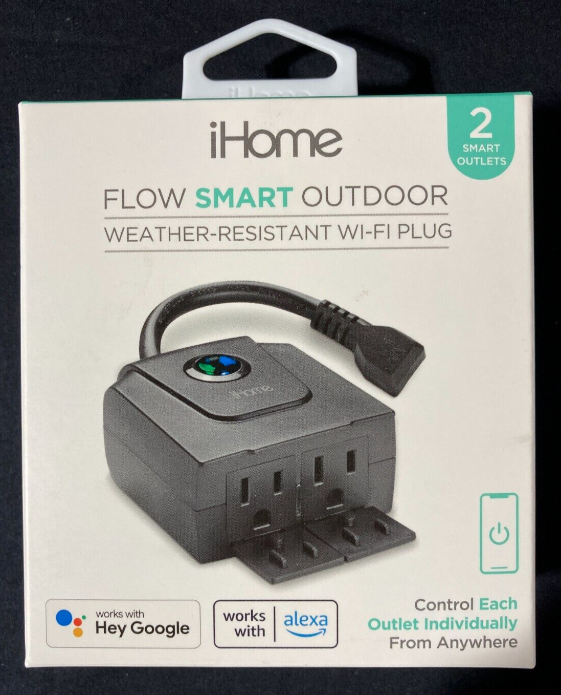 iHome Flow Smart Outdoor Weather - Resistant Wi-Fi Plug 2 smart outlets - New