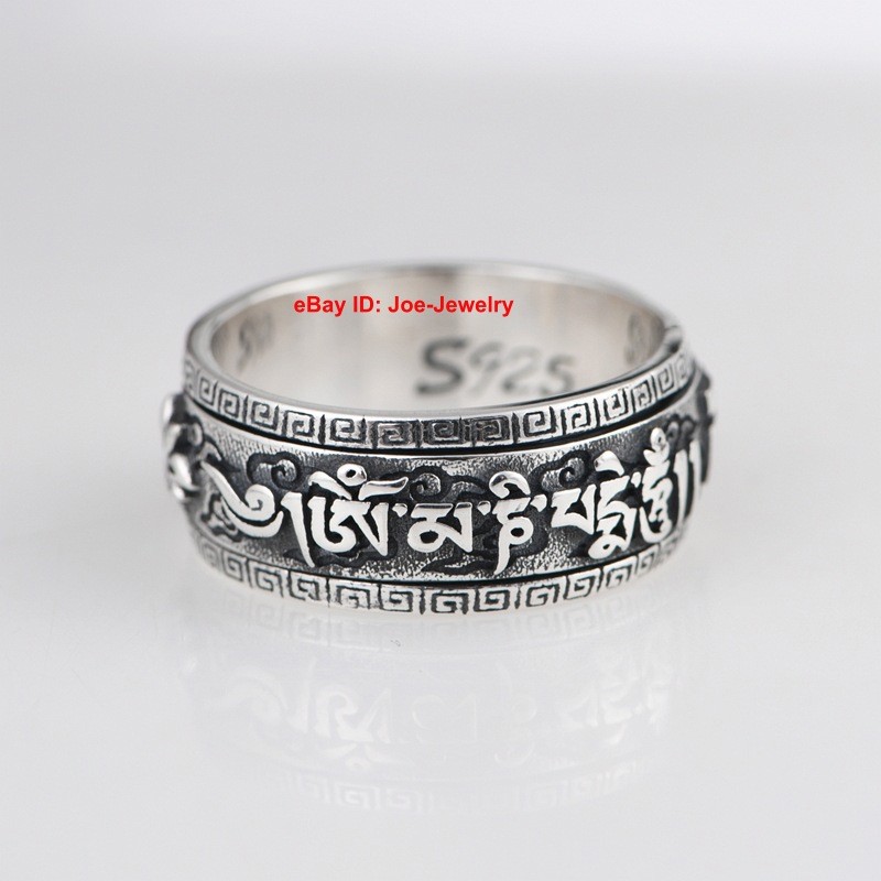 NEW Solid 925 Sterling Silver Men's Ring Buddhist Sutra Rotatable Ring Size 10