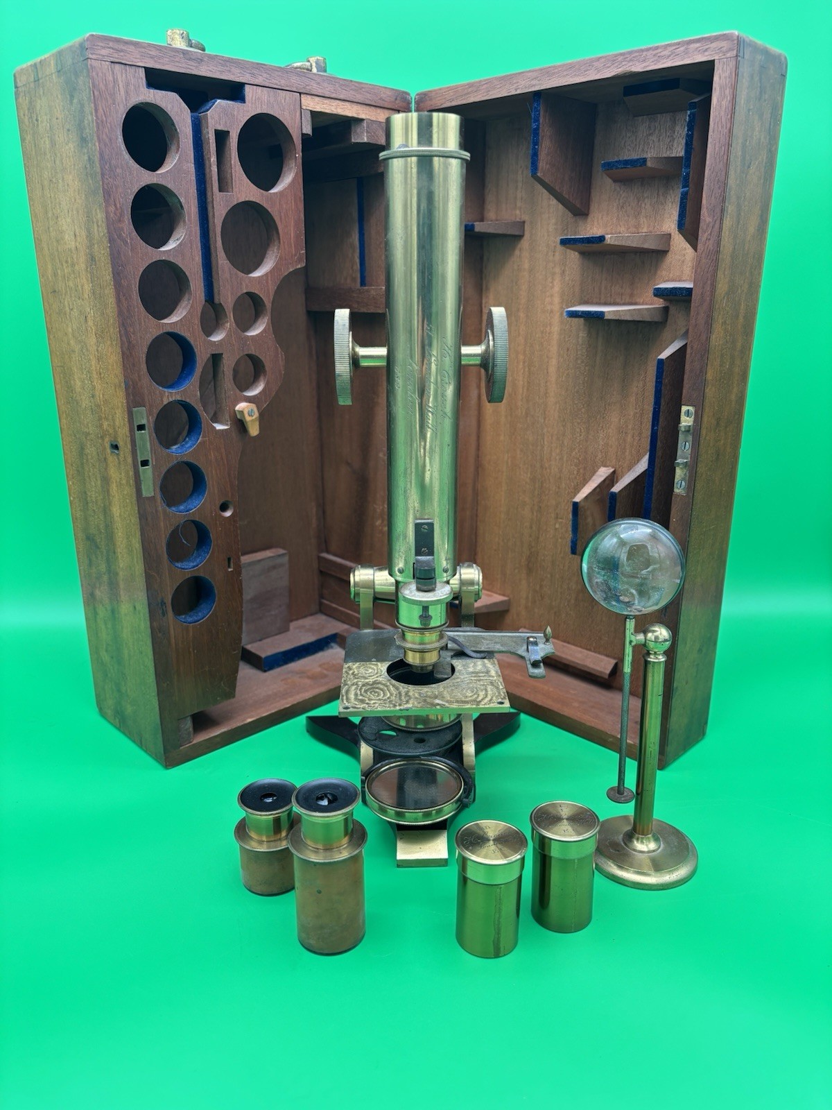 c.1871 H. Crouch London Antique Brass Microscope #689 Case Accessories