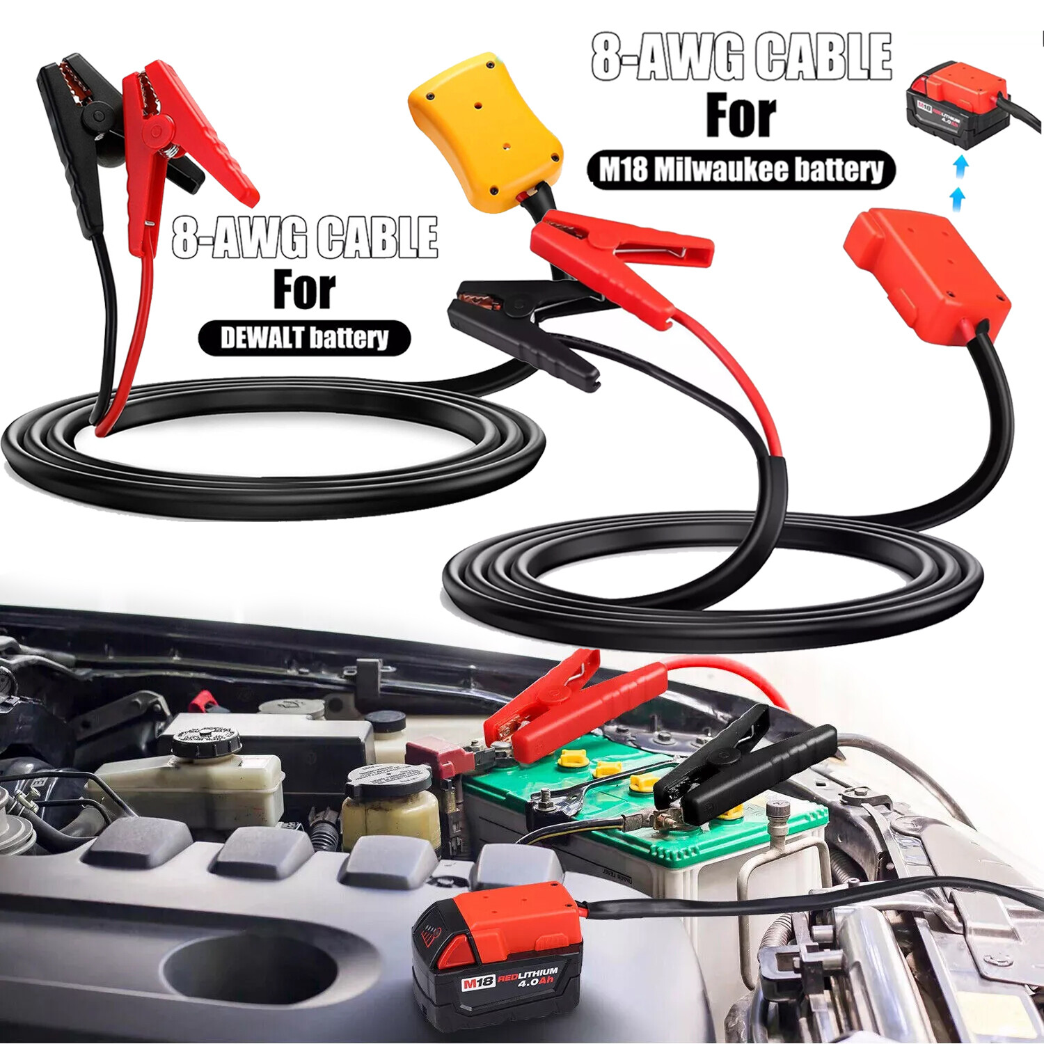 Jumper Cable Clamps for Milwaukee , Dewalt 20V Batteries 8AWG Jumper Starter