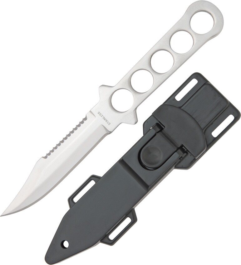 Diving Fixed Knife 4.12" Single Edge Partial Serration Stainless Steel One Piece