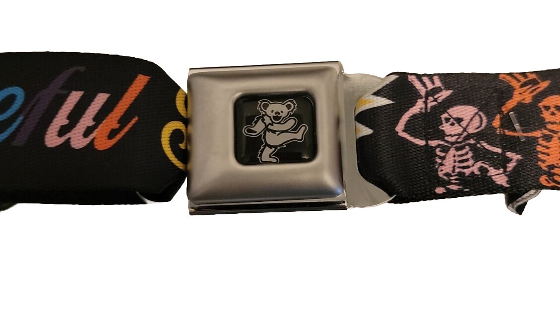 GRATEFUL DEAD SCRIPT BOLT SKELETON AND BEAR SEAT BELT BUCKLE WEB BELT