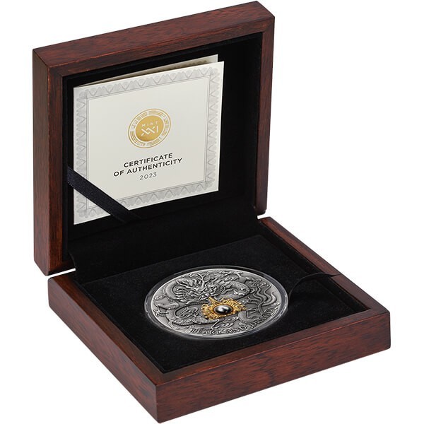 2023 Niue Black Pearl and Dragon Divine Pearls 2 oz Antique finish Silver Coin
