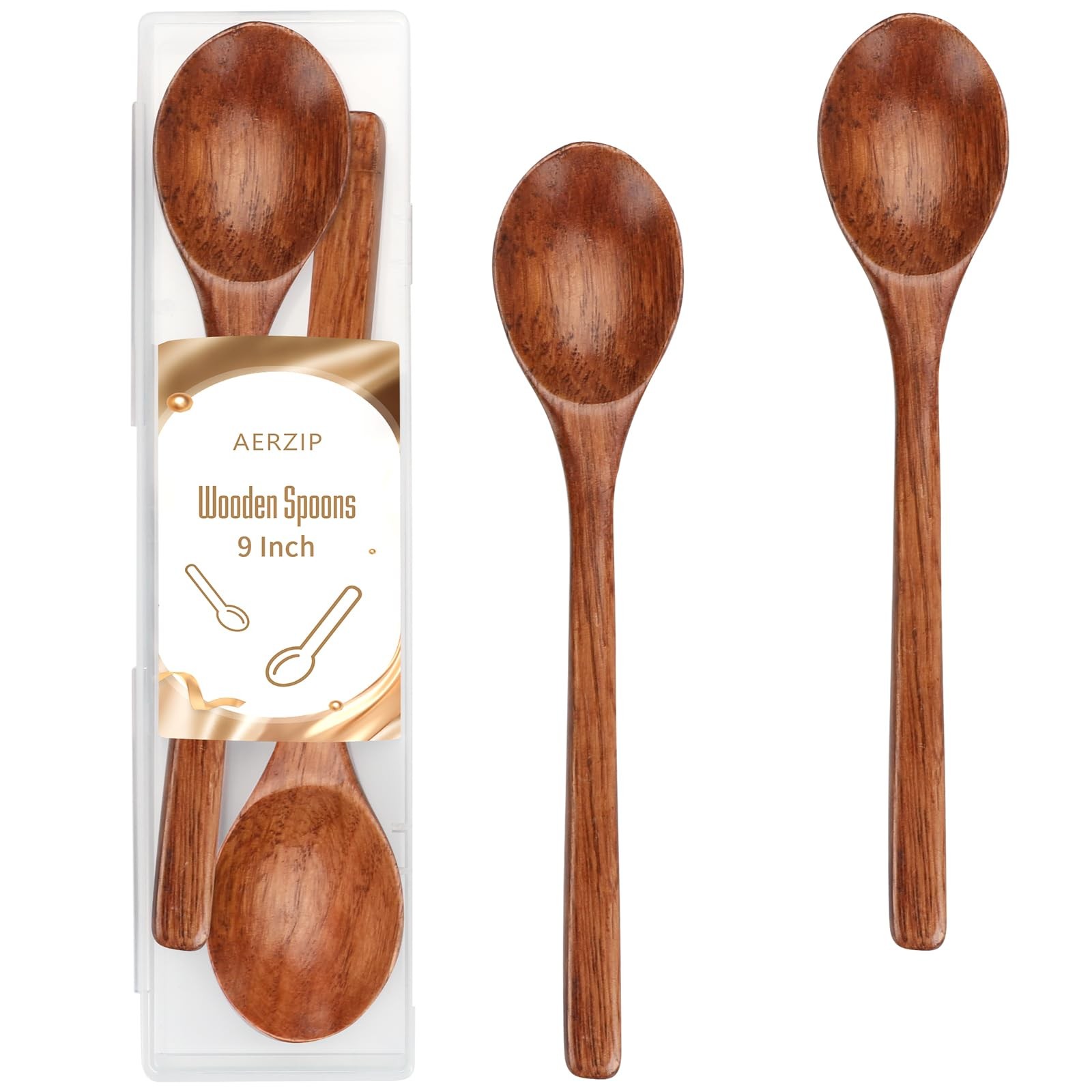 9 Inch Wooden Spoons for Eating Mixing Stirring Soda Jam Honey, Long Handle W...