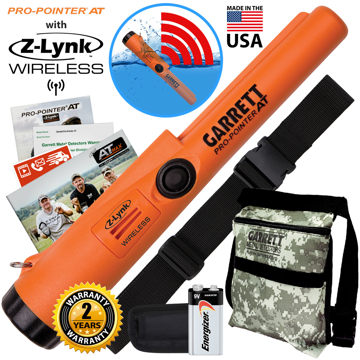 Garrett Pro Pointer AT Z-LYNK Waterproof Pinpointer with Camo Pouch and Belt