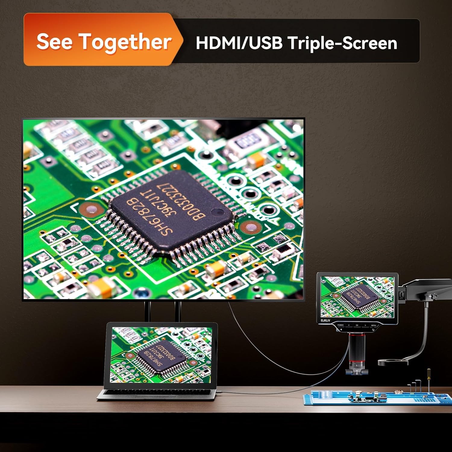 Elikliv EM3K-3D Max Microscope for PCB Soldering & Electronics Repair Flex Arm