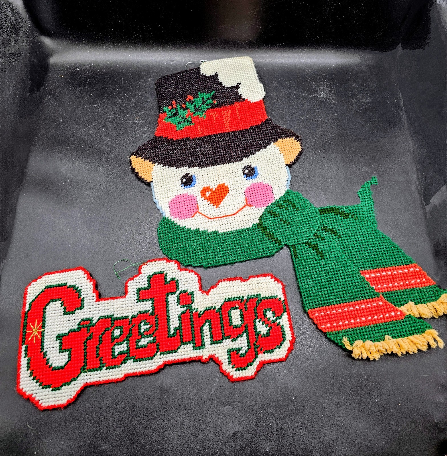 Vintage Needle Point Christmas Snowman And Greetings Holiday Wall Art Kitschy