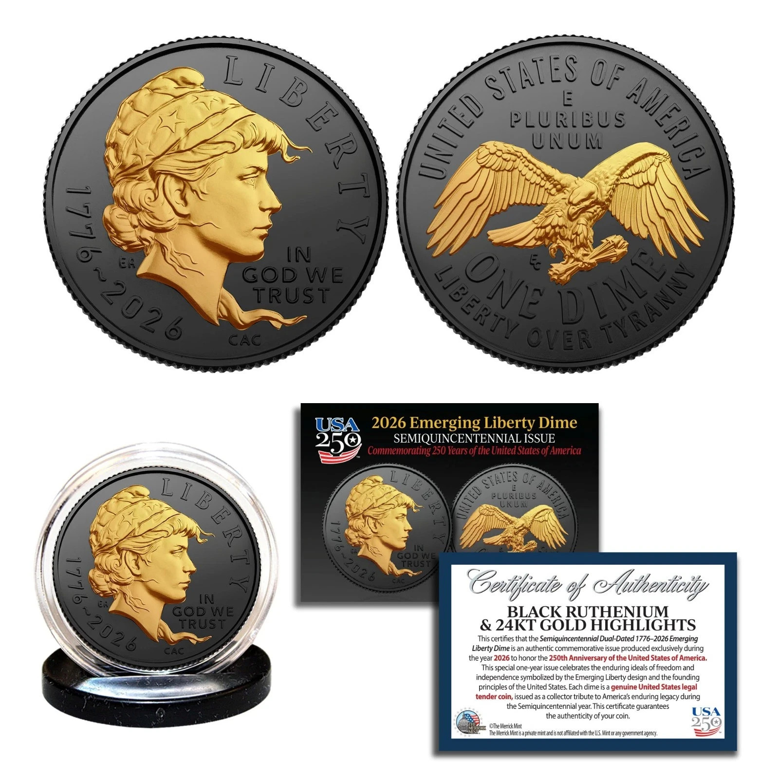 2026-P Emerging Liberty Dime Coin America 250th Black Ruthenium with 24K Gold