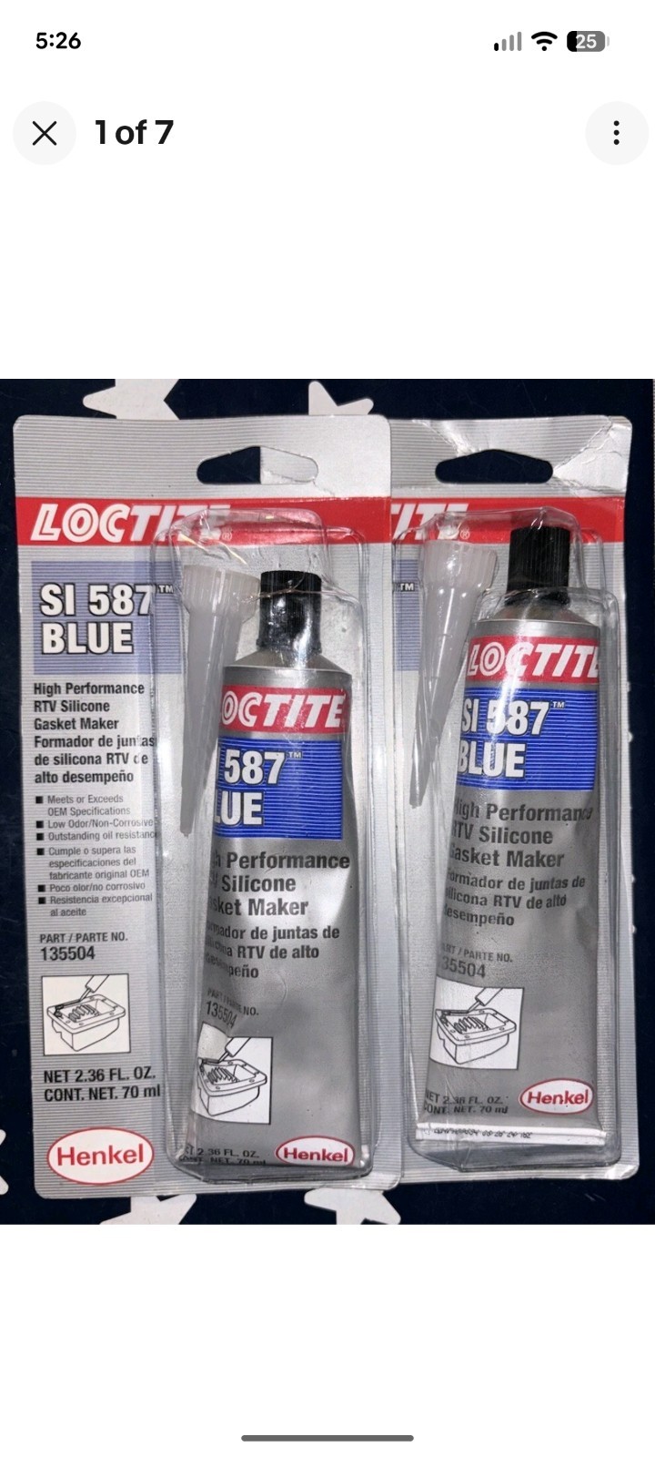 2 X Loctite SI 587 RTV BLUE Gasket Maker High Silicone 2.36 OZ.  135504  70mL X2