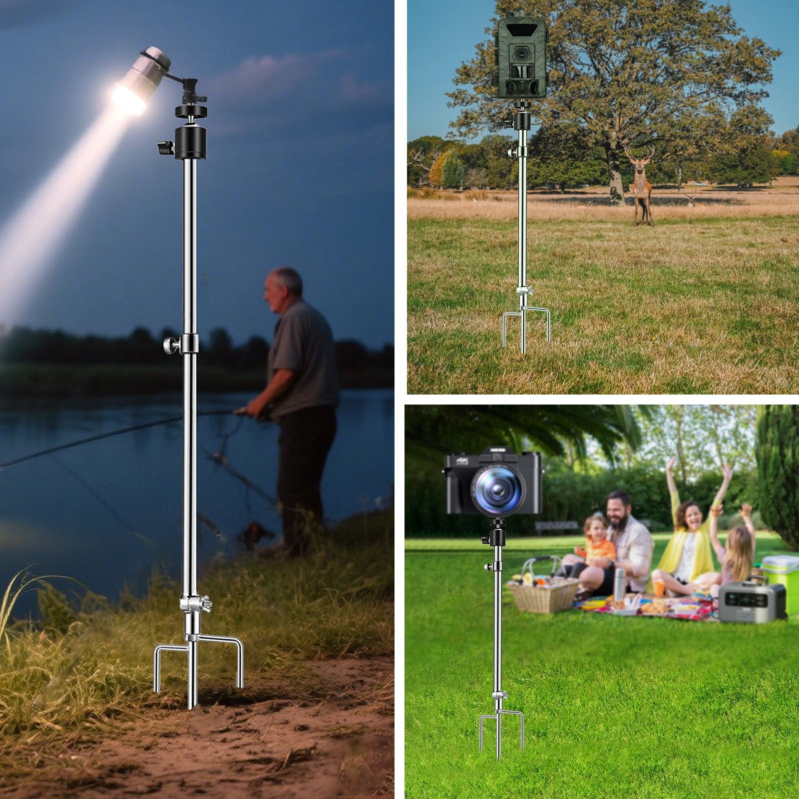 Trail Camera Stand Mounts Ground Holder, 3-in-1 Stainless Steels, 360 Adjustable
