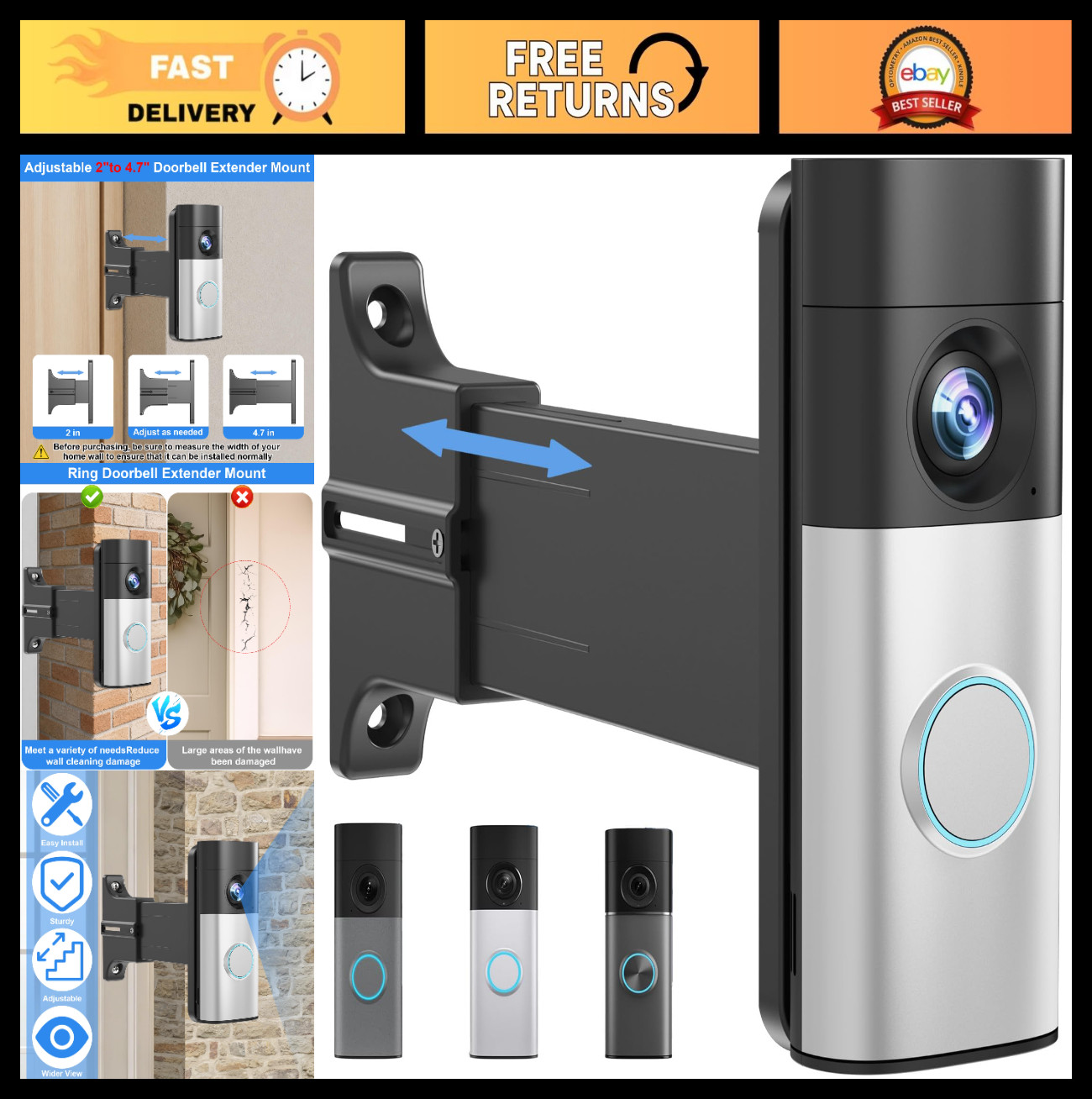 Adjustable 2" to 4.7" Doorbell Extender Mount for Wider View, Angle & Brick Wall
