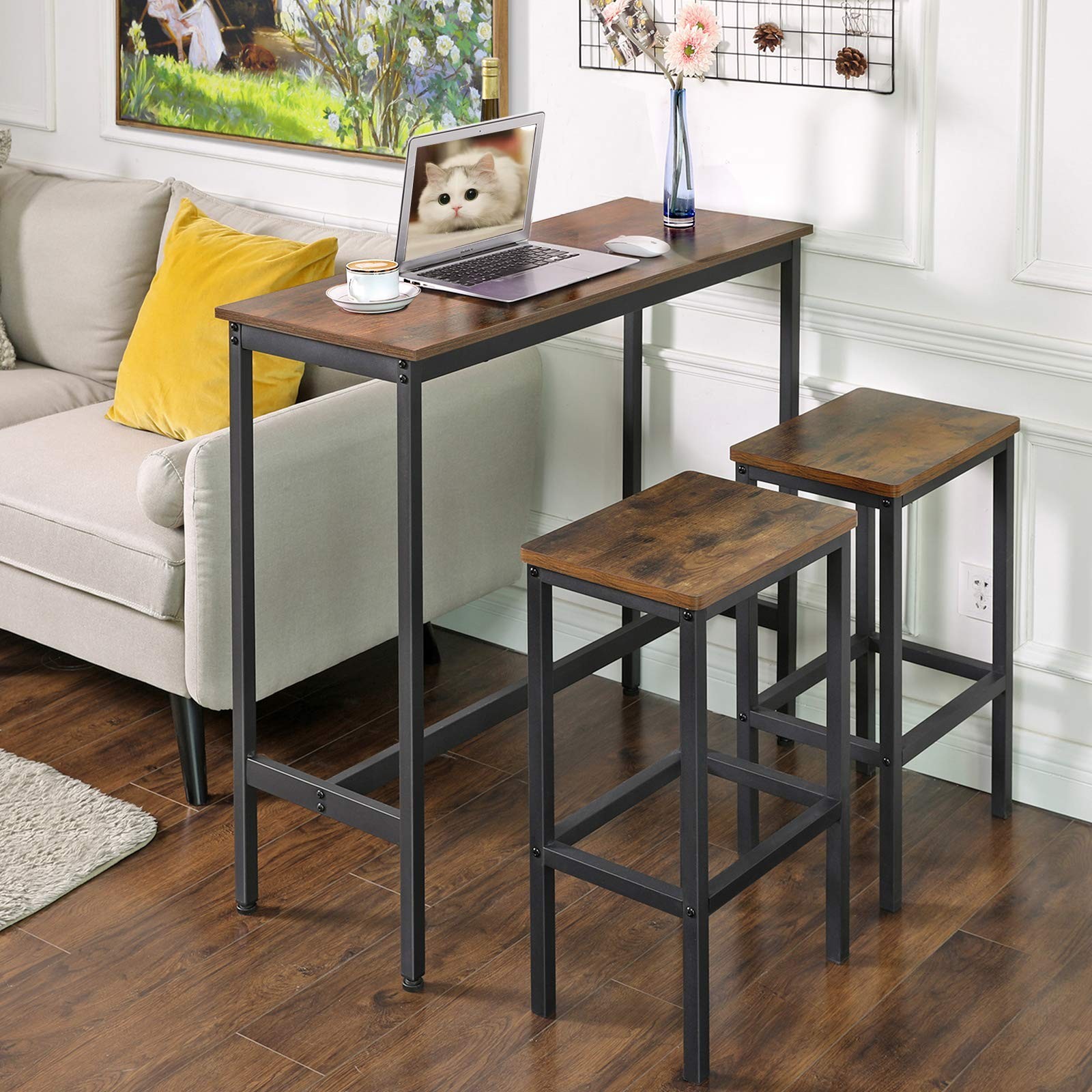 Industrial Narrow Bar Table Rustic Brown Metal Frame