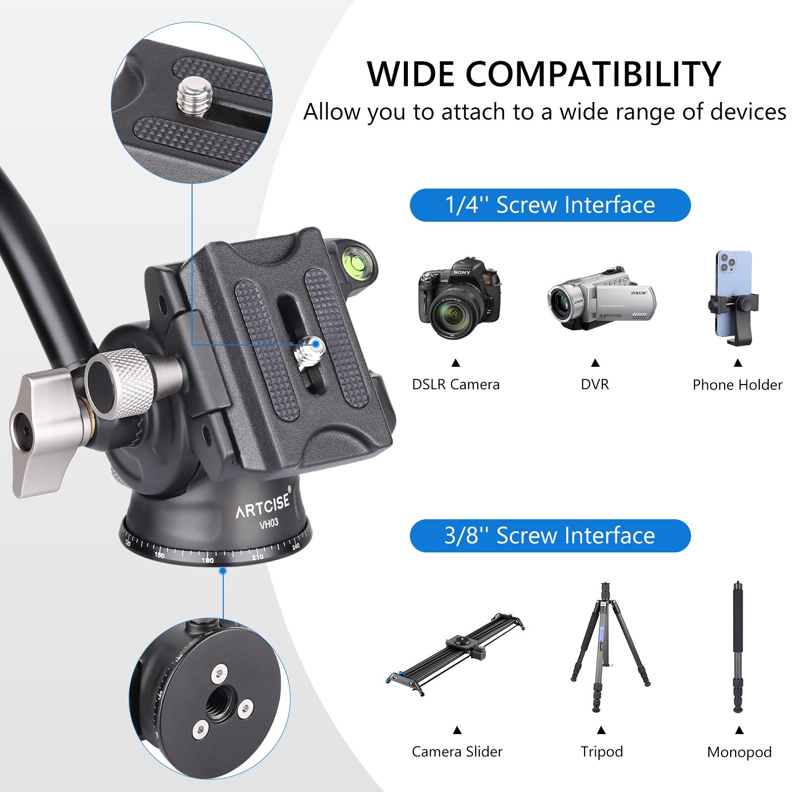 ARTCISE 2WAY Fluid Video Head Panoramic Shooting Head Tripod Head Load 3kg