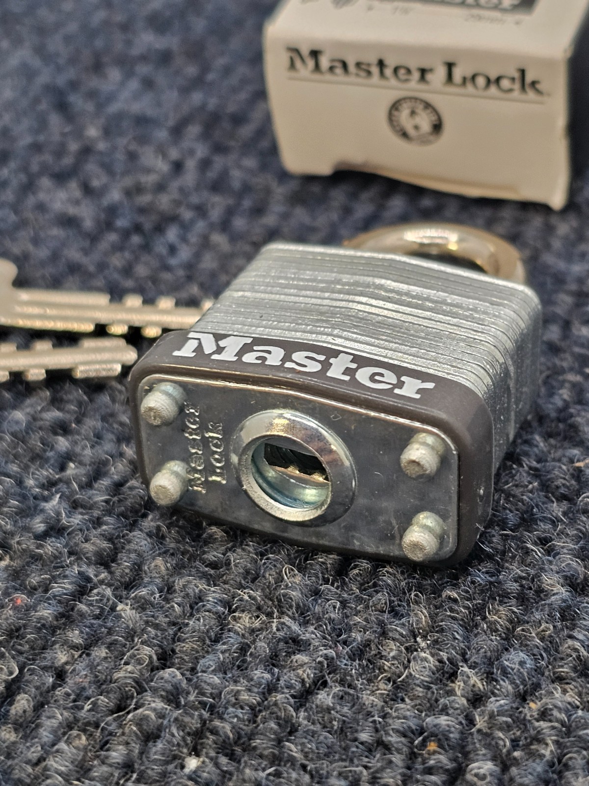 (QTY 4) Master Lock Padlock Rectangular Silver Steel 1-1/8"H W/ Keys