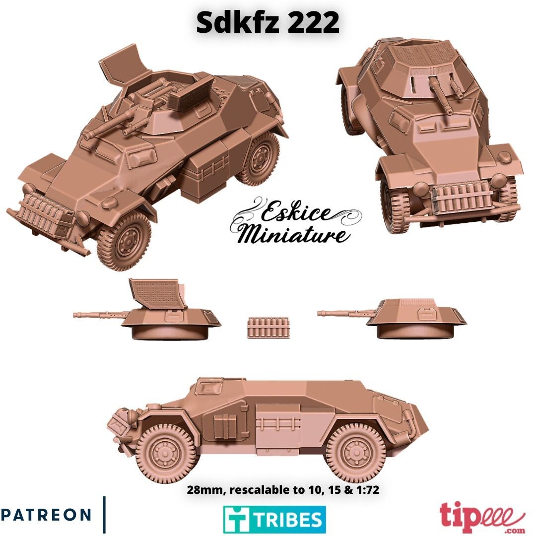 Eskice Miniatures WW2 German Sd. Kfz. 222 Armored Scout Car Recon Bolt Action 28