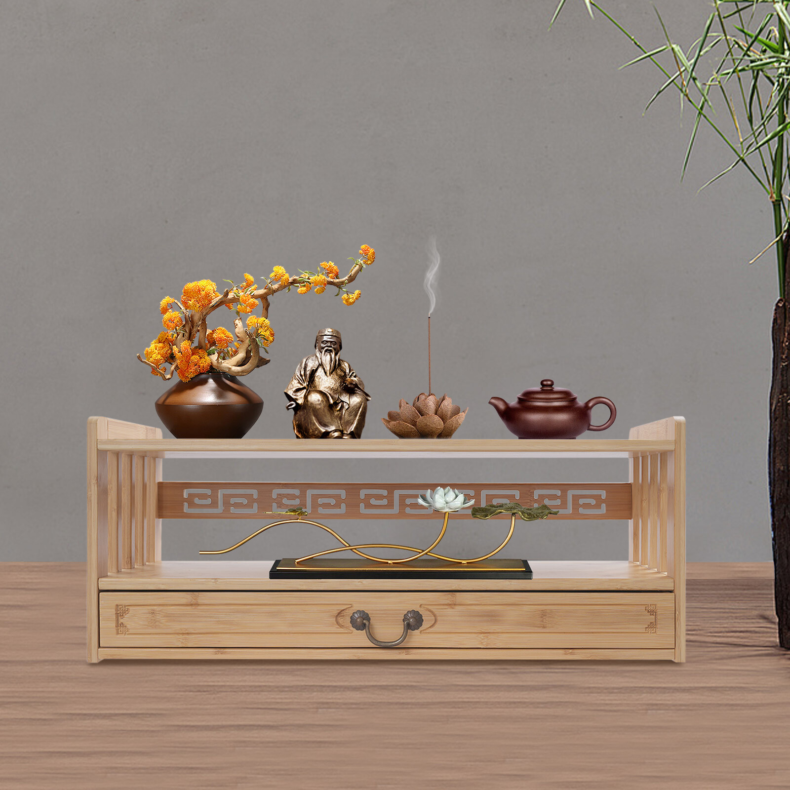 Freestanding Desktop Organizer Altar Table with Drawer Meditation Storage Table