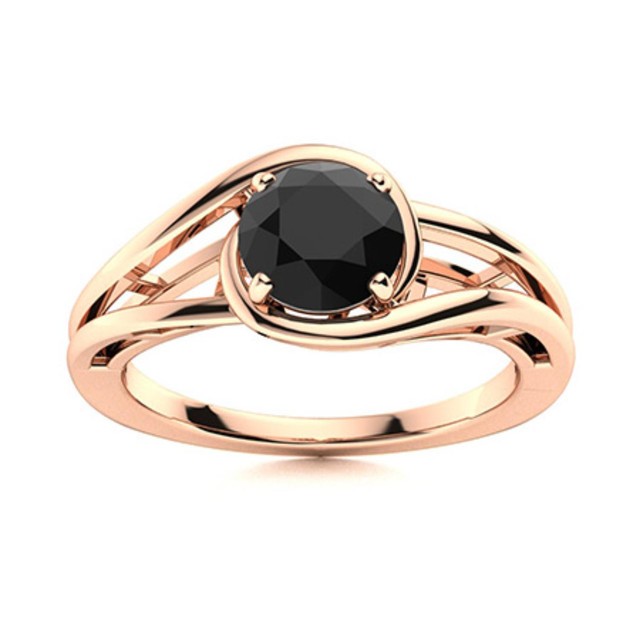 Solitaire Round Black Spinel 925 Sterling Silver Rose Plated Split Shank Ring