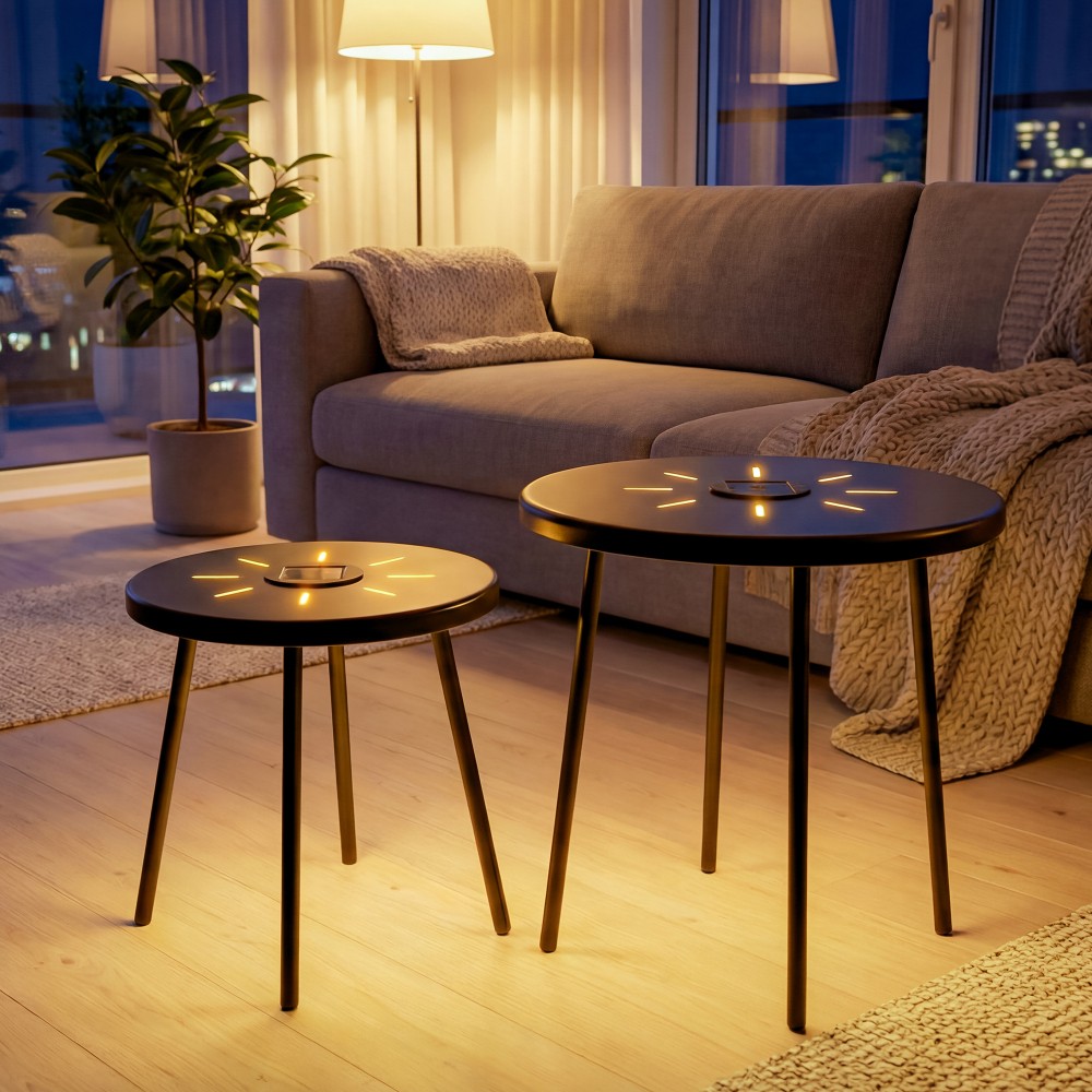2 Pack Solar Powered Side Table with LED Light Outdoor Indoor Nesting Round End