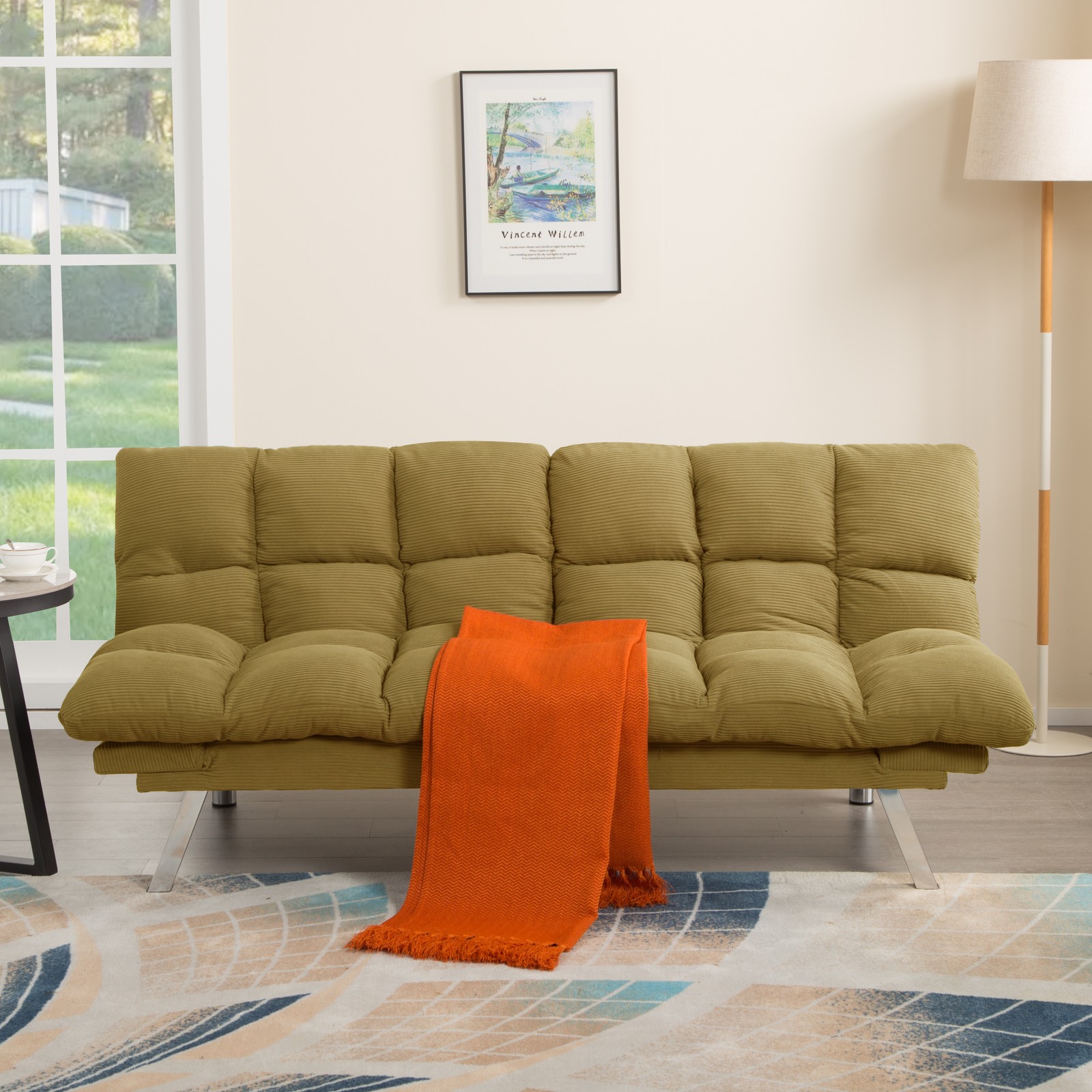 67.3" Corduroy Futon Sofa Bed Twin Sleeper Adjustable Split Back Armrests Yellow
