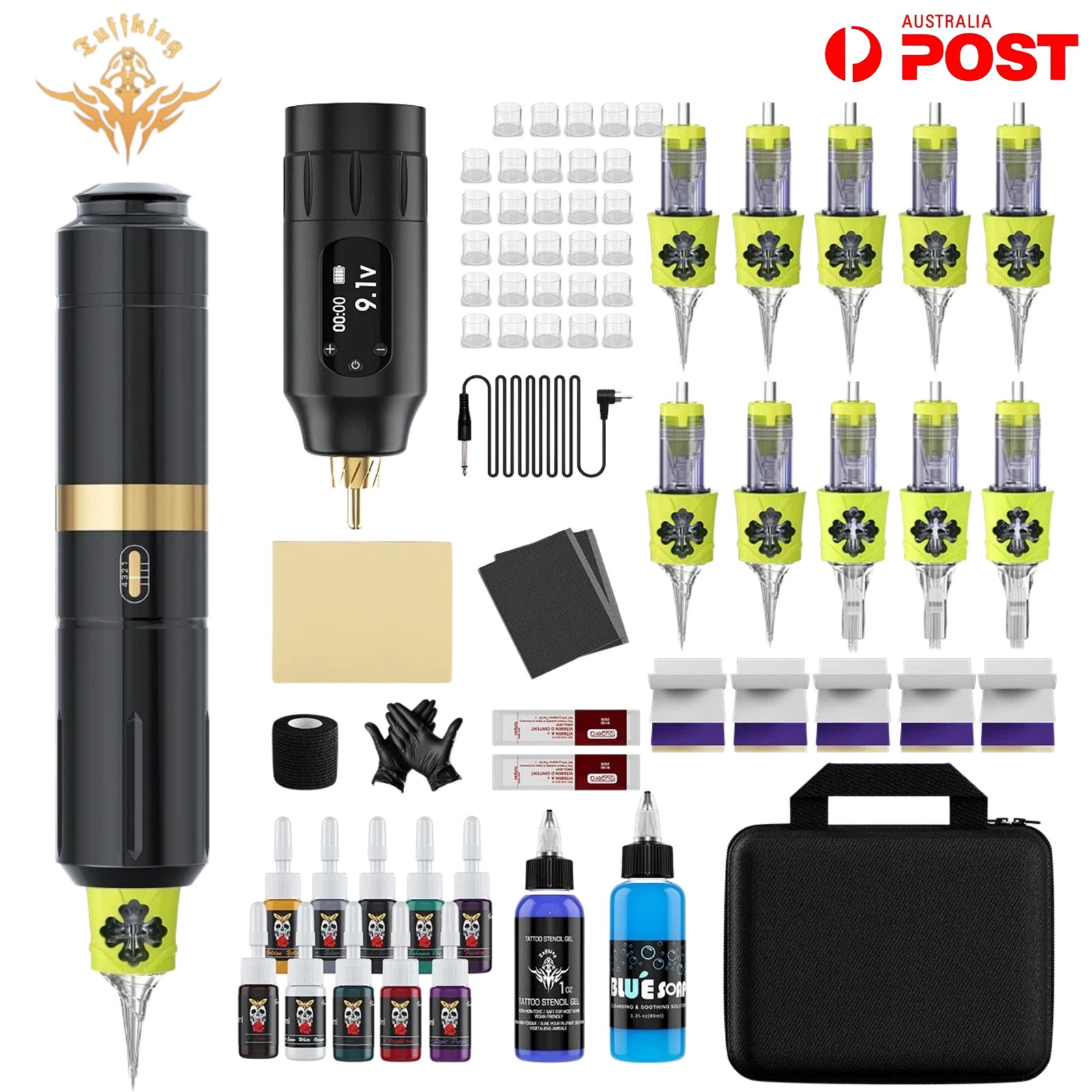 TUFFKING Tattoo Machine Kit Wireless Pen Gun Battery RCA Needle Color Inks Set