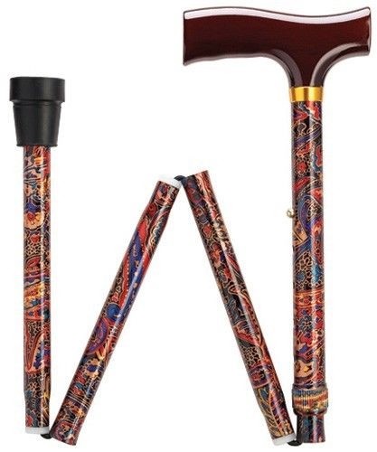 LADIES Adjustable Folding Shaft Brown and Red PAISLEY DESIGN WALKING CANE STICK