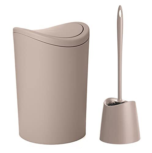 Small Taupe Plastic Bathroom Set- 3 qt Trash Can & Toilet Bowl Brush with Holder