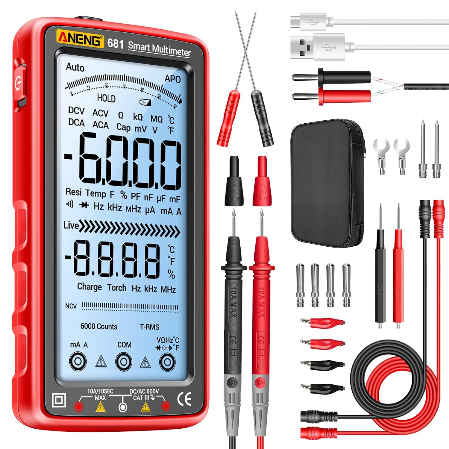 Digital Multimeter Tester Auto-Ranging TRMS 6000 Counts Voltmeter Smart