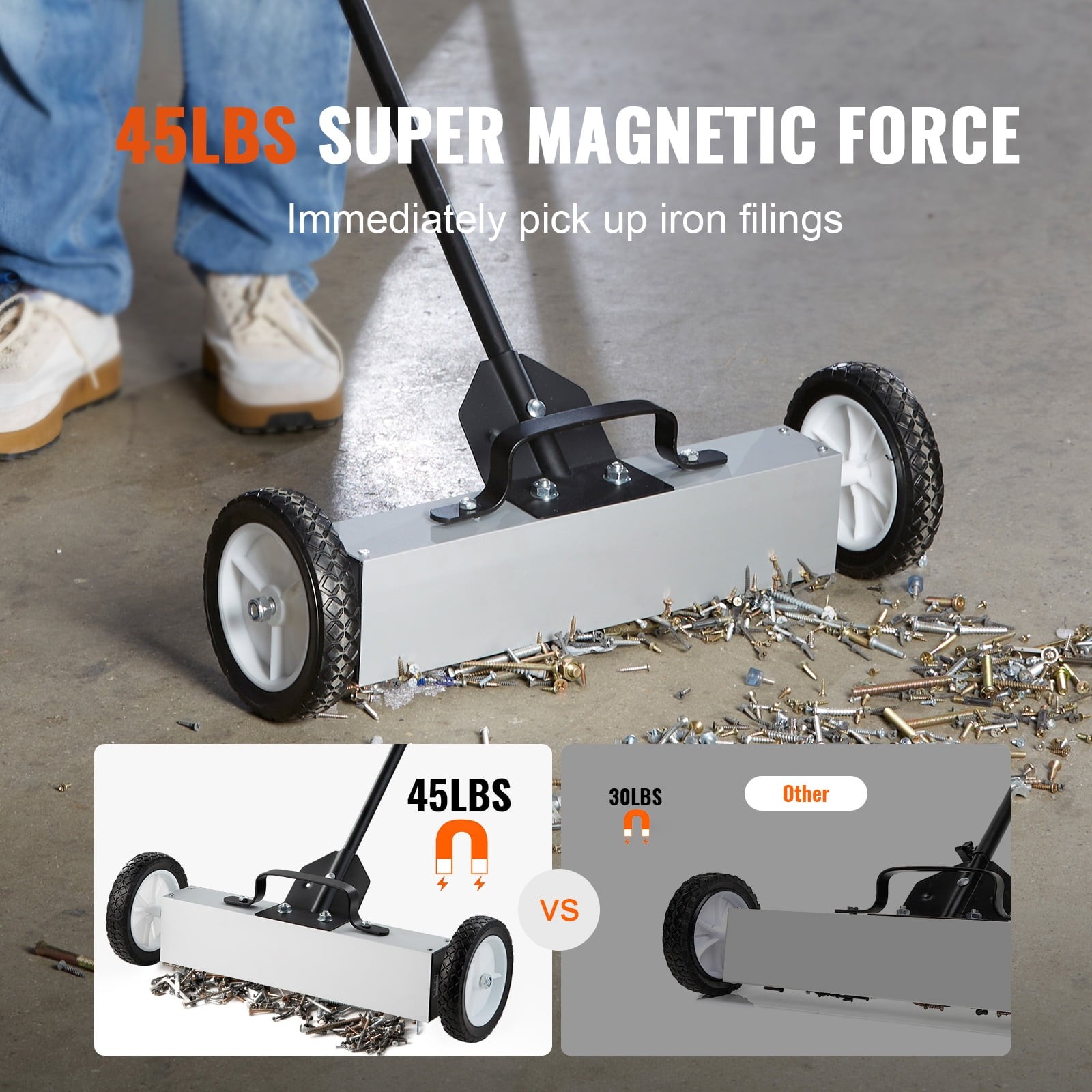 KFFKFF 45Lbs Rolling Magnetic Sweeper with Wheels, Push-Type Magnetic Pickup