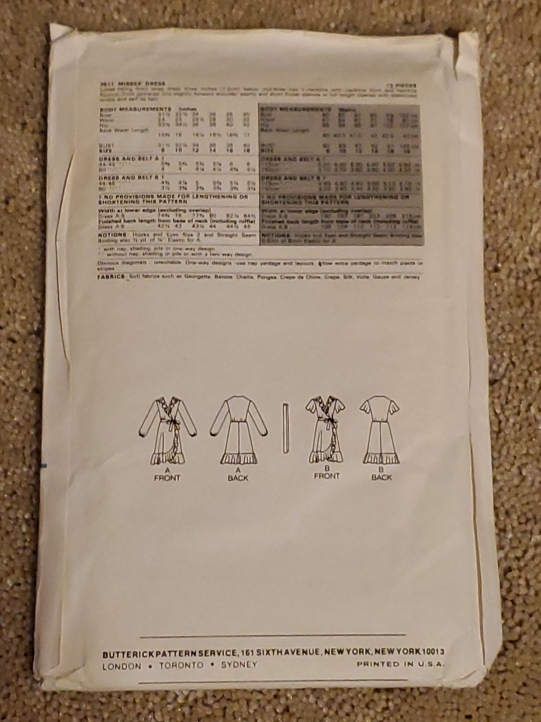 Butterick 3511 Misses Ruffled Dress Size 10 FF Sewing Pattern
