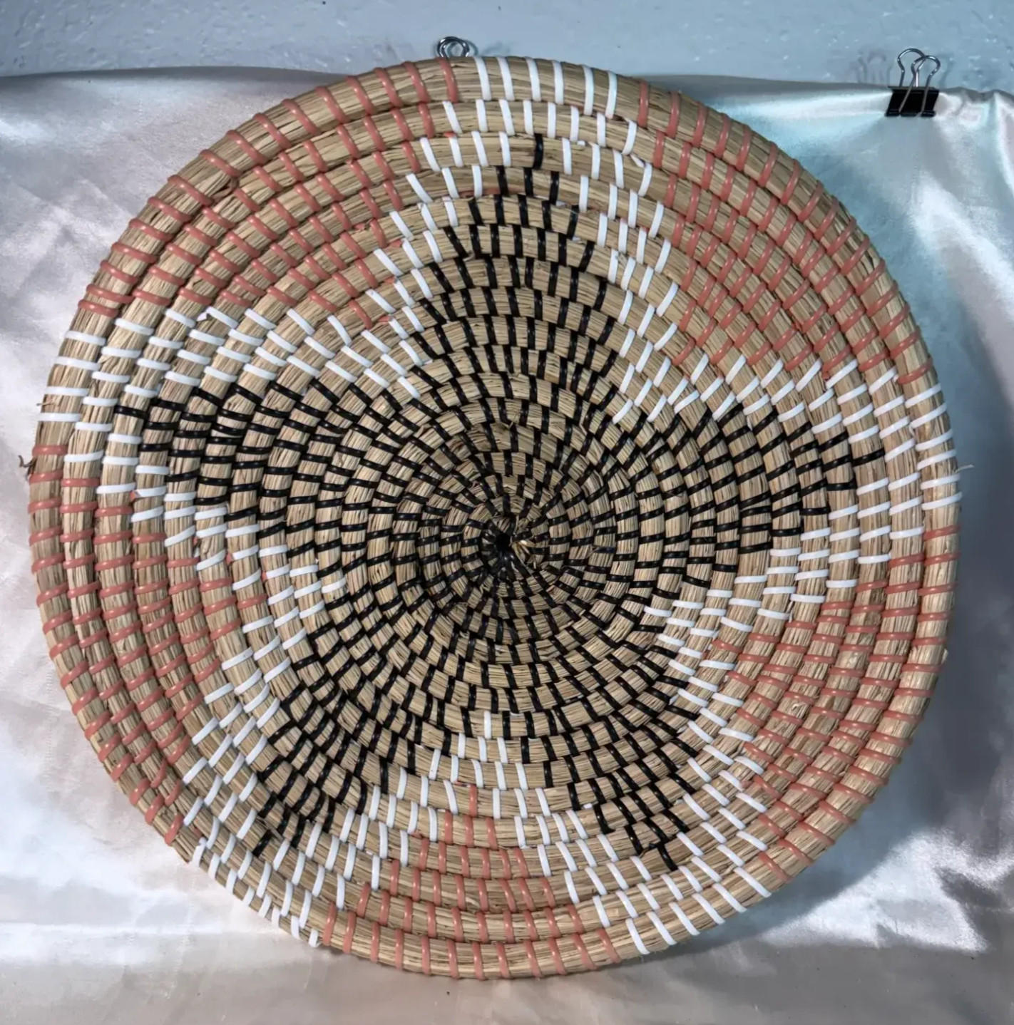 Handwoven Coiled Straw Bowl Wall Hanging Natural Black White Coral Boho Basket