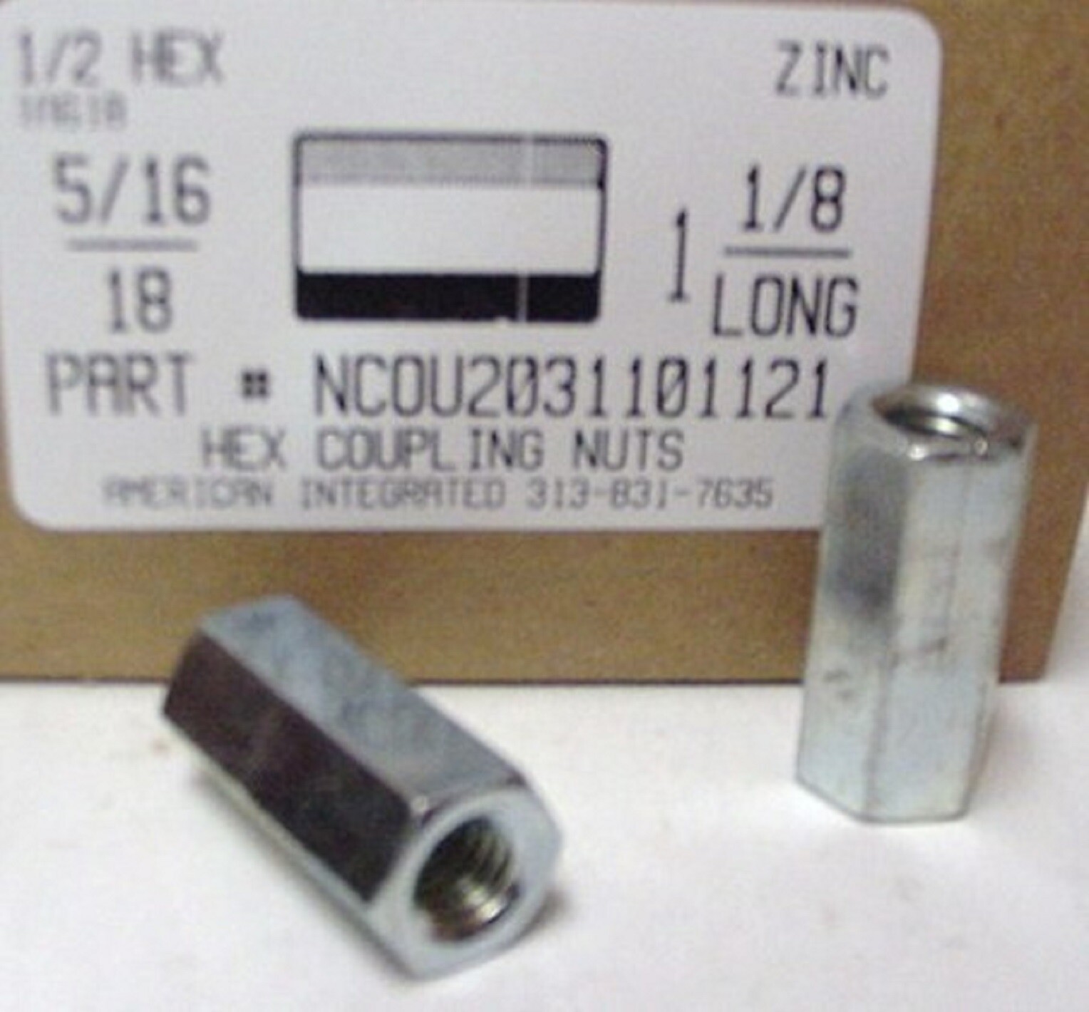 5/16-18 HEX COUPLING NUTS 1/2 HEX X 1-1/8 LONG STEEL ZINC PLATED (10)
