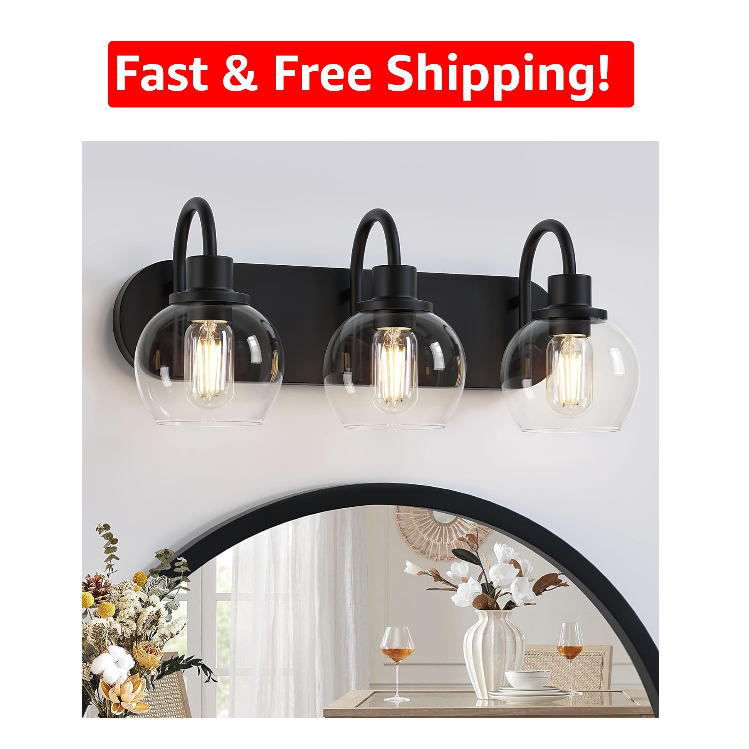 Stylish 3-Light Vanity Lamp - Matte Black Metal & High Brightness (5400 Lumens)